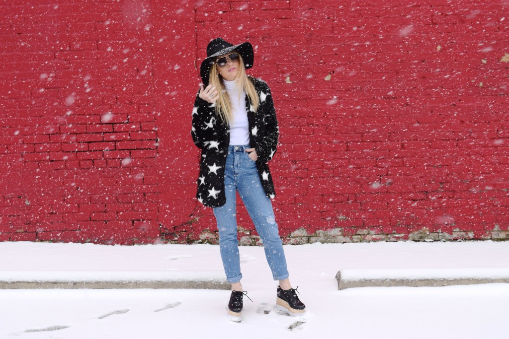 faux fur coat with stars