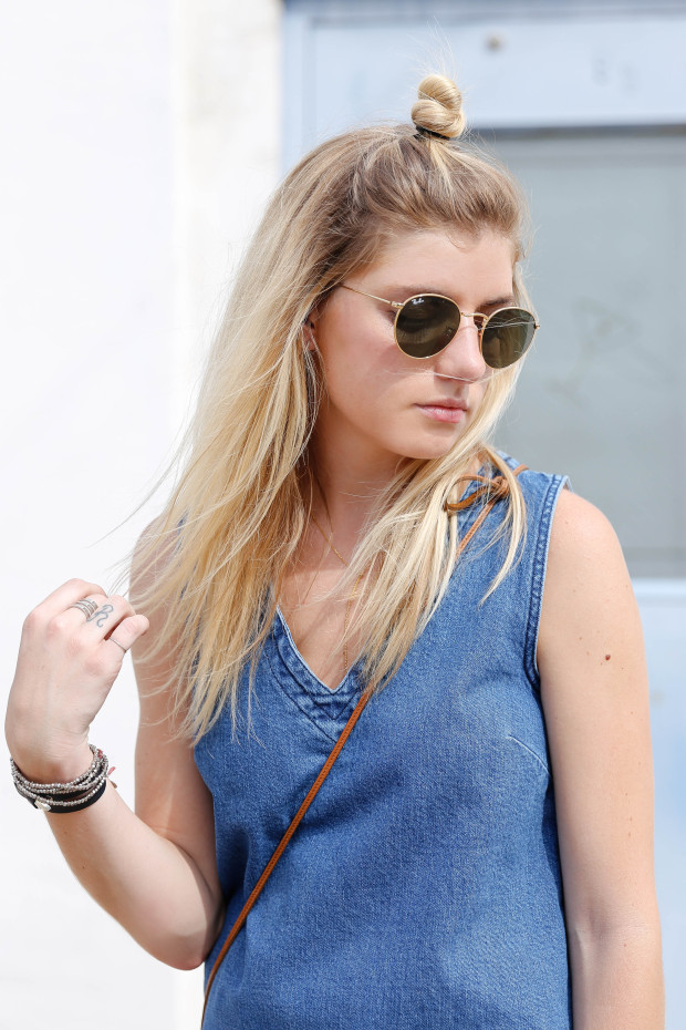 top knot and round ray ban sunglasses