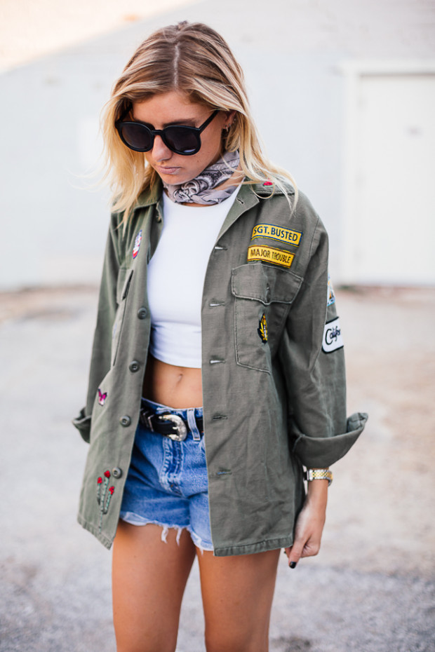 army jacket and cutoffs