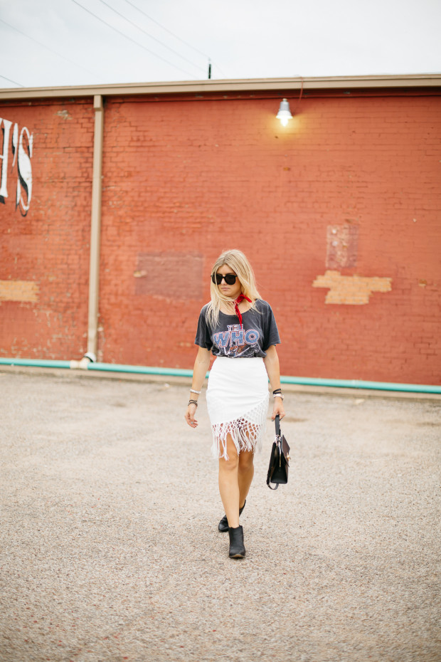 band tee and white fringe pencil skirt