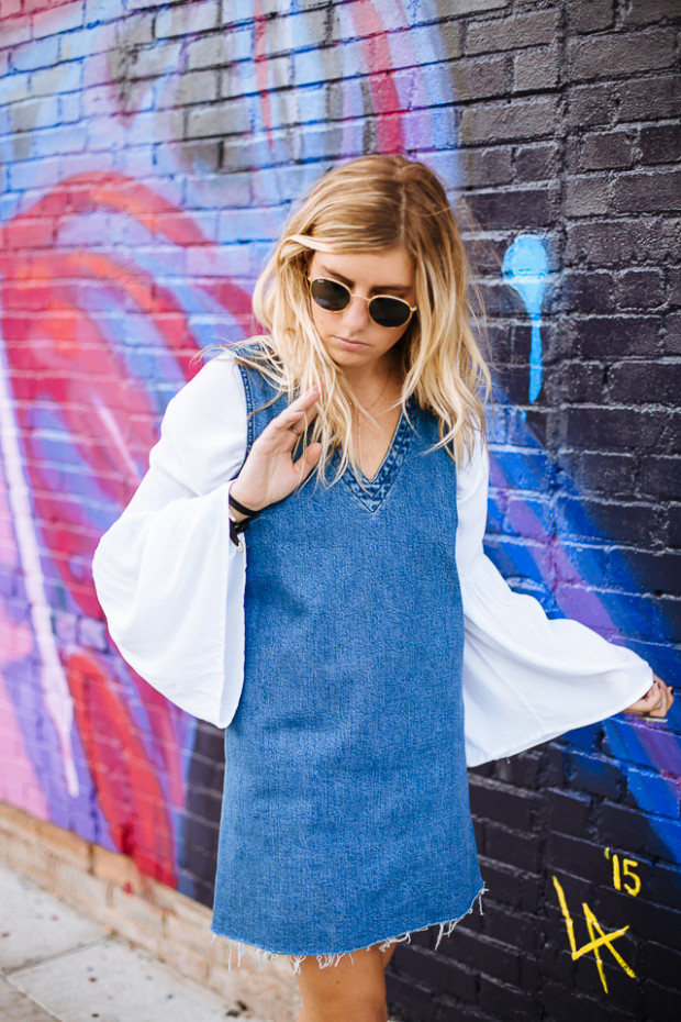 bell sleeve top and jean dress