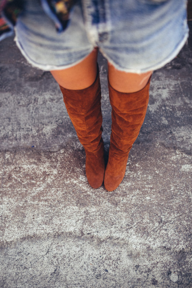 denim shorts and over the knee suede boots